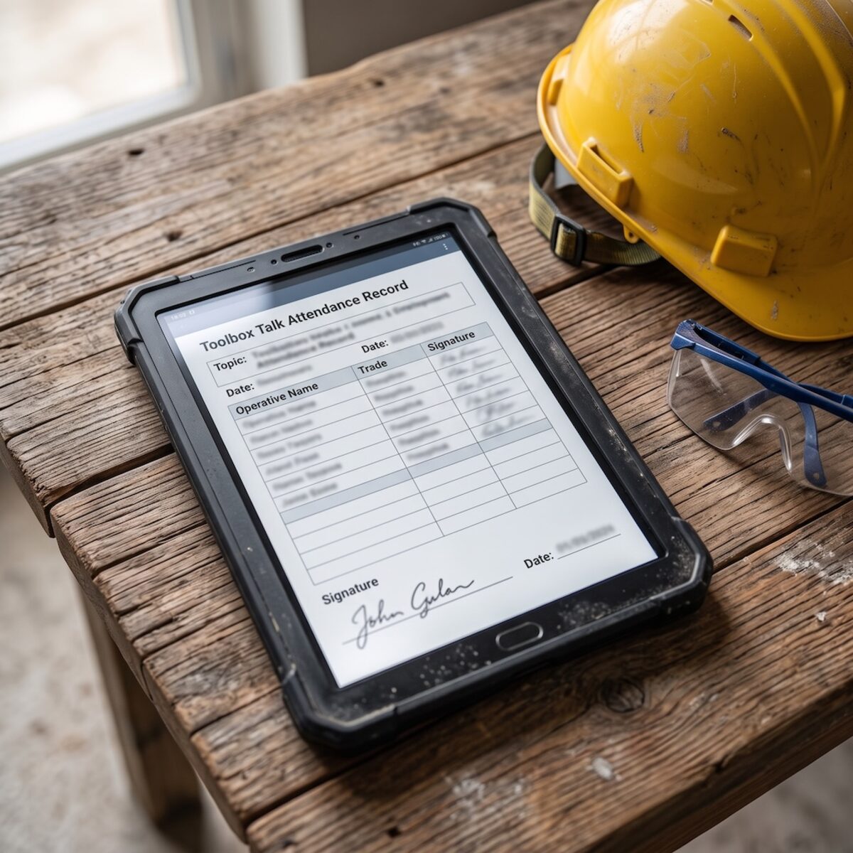 Completed toolbox talk PDF record with signatures